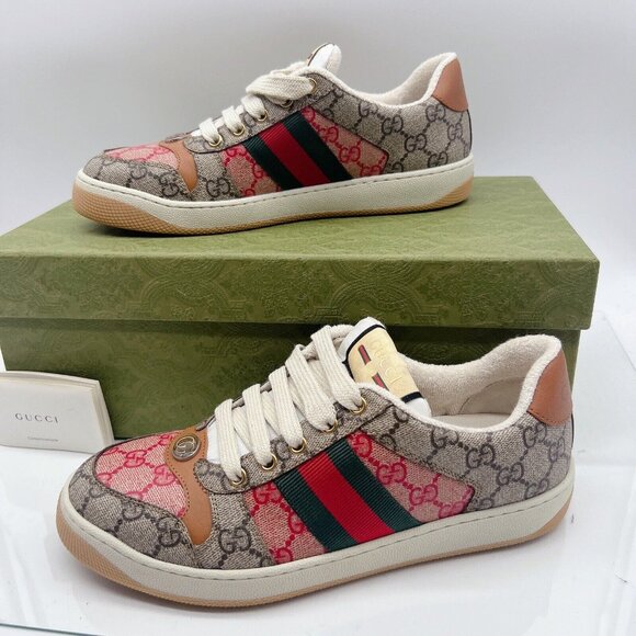 Gucci Screener GG Logo Women’s Sneakers Tan Pink Monogram Lace Up EU 39 US 9 - Picture 4 of 13